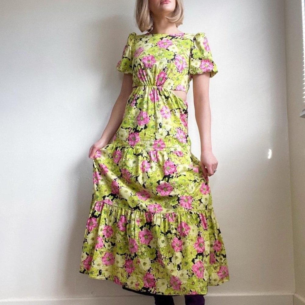 Wayf Vibrant Floral Maxi Dress in Green and Pink